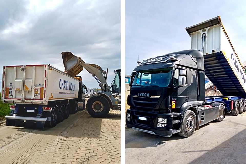 à gauche, camion benne chatel nord en chargement. à droite, camion benne chatel nord qui décharge