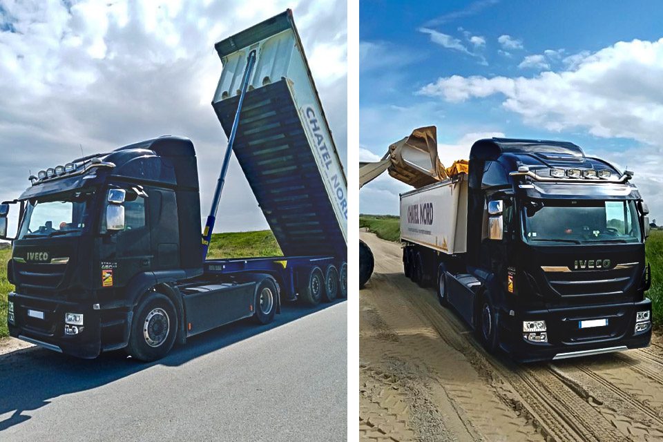 à gauche, camion benne chatel nord qui décharge des gravats. à droite, camion benne chatel nord en chargement