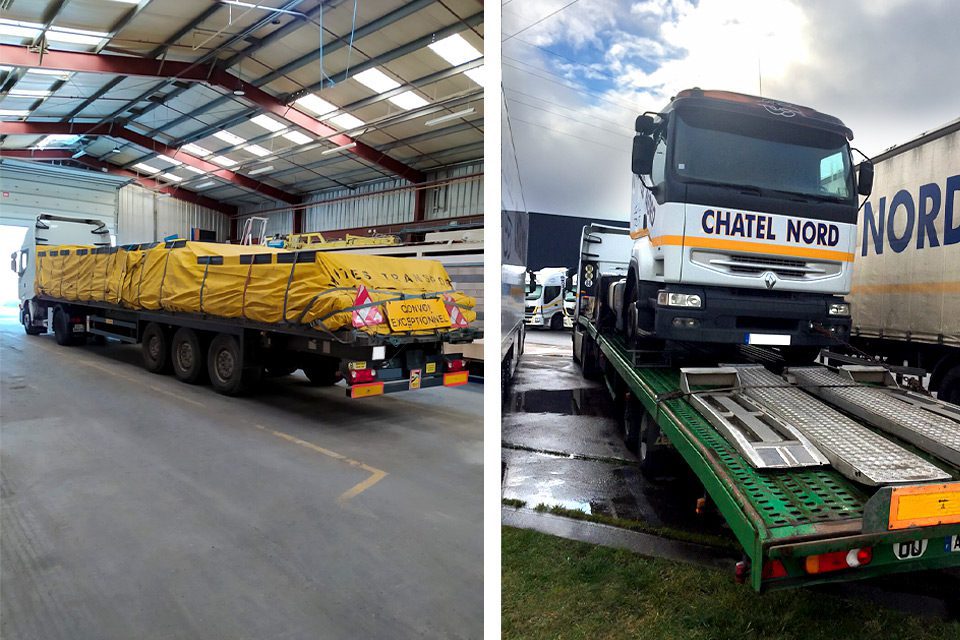 remorque transport exceptionnelle chatel nord avec camion chargé sur remorque